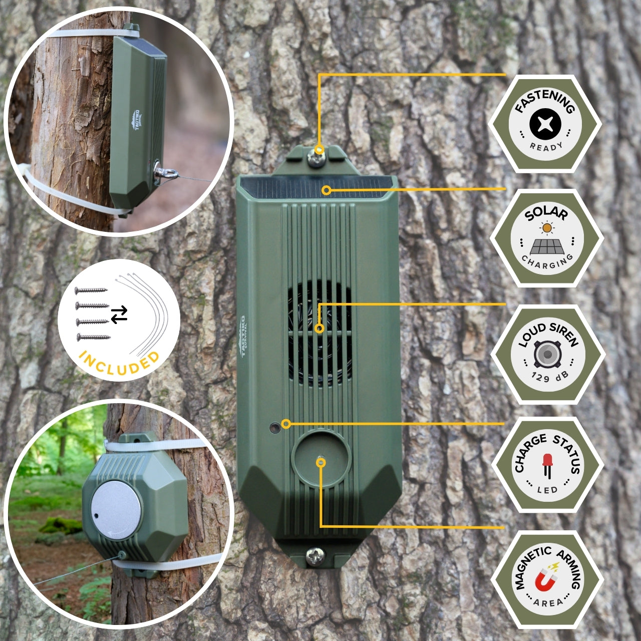 TACTIKO Trip Wire Alarm - 80Ft Kevlar Wire, 129 dB Siren, Solar & Cable Charging