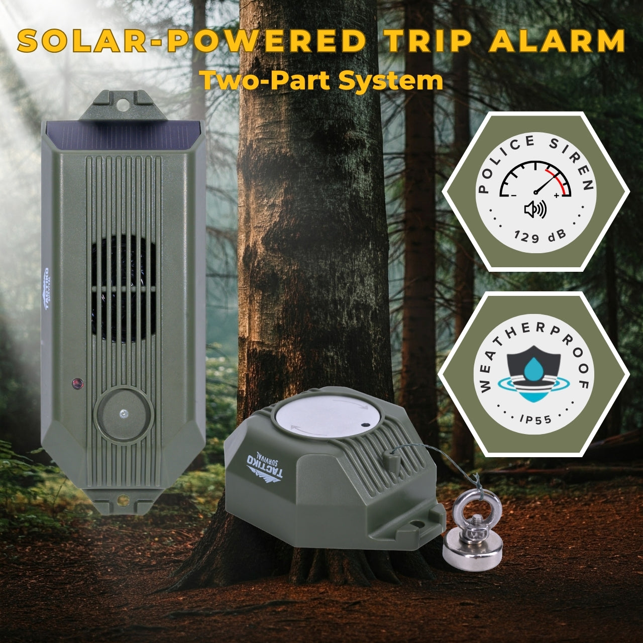 TACTIKO Trip Wire Alarm - 80Ft Kevlar Wire, 129 dB Siren, Solar & Cable Charging